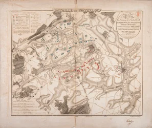 Battaglia di Waterloo, mappa del campo di battaglia, inciso da Jacowick